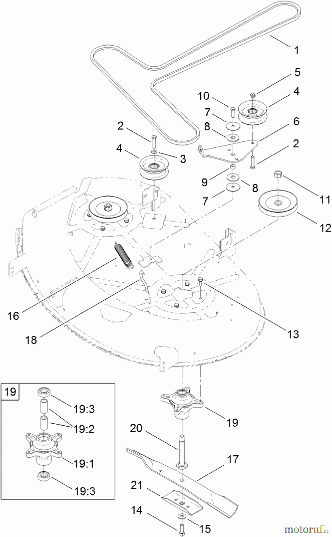  Toro Neu Mowers, Zero-Turn 74627 (4235) - Toro TimeCutter SS 4235 Riding Mower, 2012 (SN 312000001-312999999) 42 INCH DECK BELT, SPINDLE AND BLADE ASSEMBLY