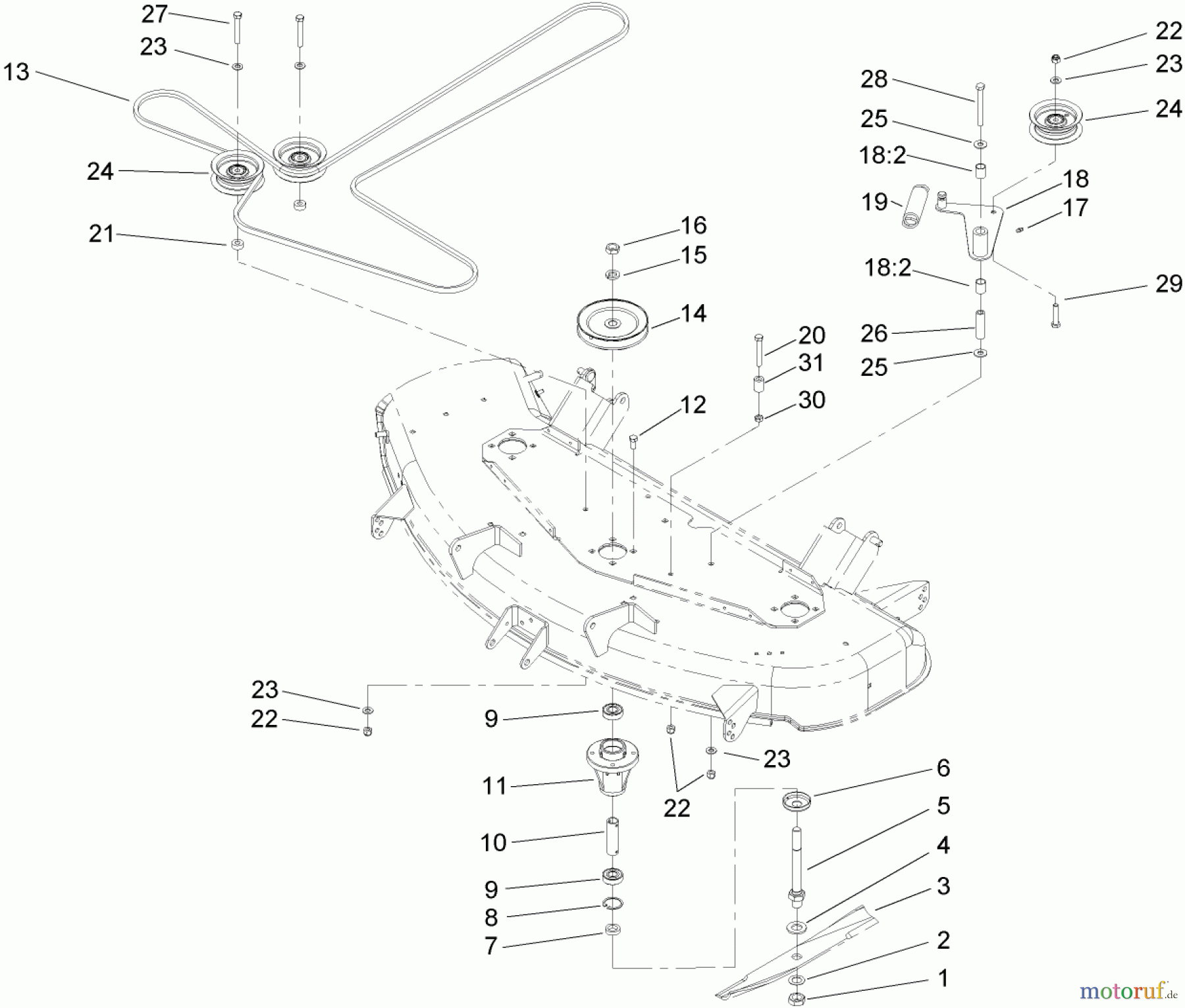  Toro Neu Mowers, Zero-Turn 74704 (ZX480) - Toro TimeCutter ZX480 Riding Mower, 2005 (250000001-250999999) SPINDLE AND BELT DRIVE ASSEMBLY