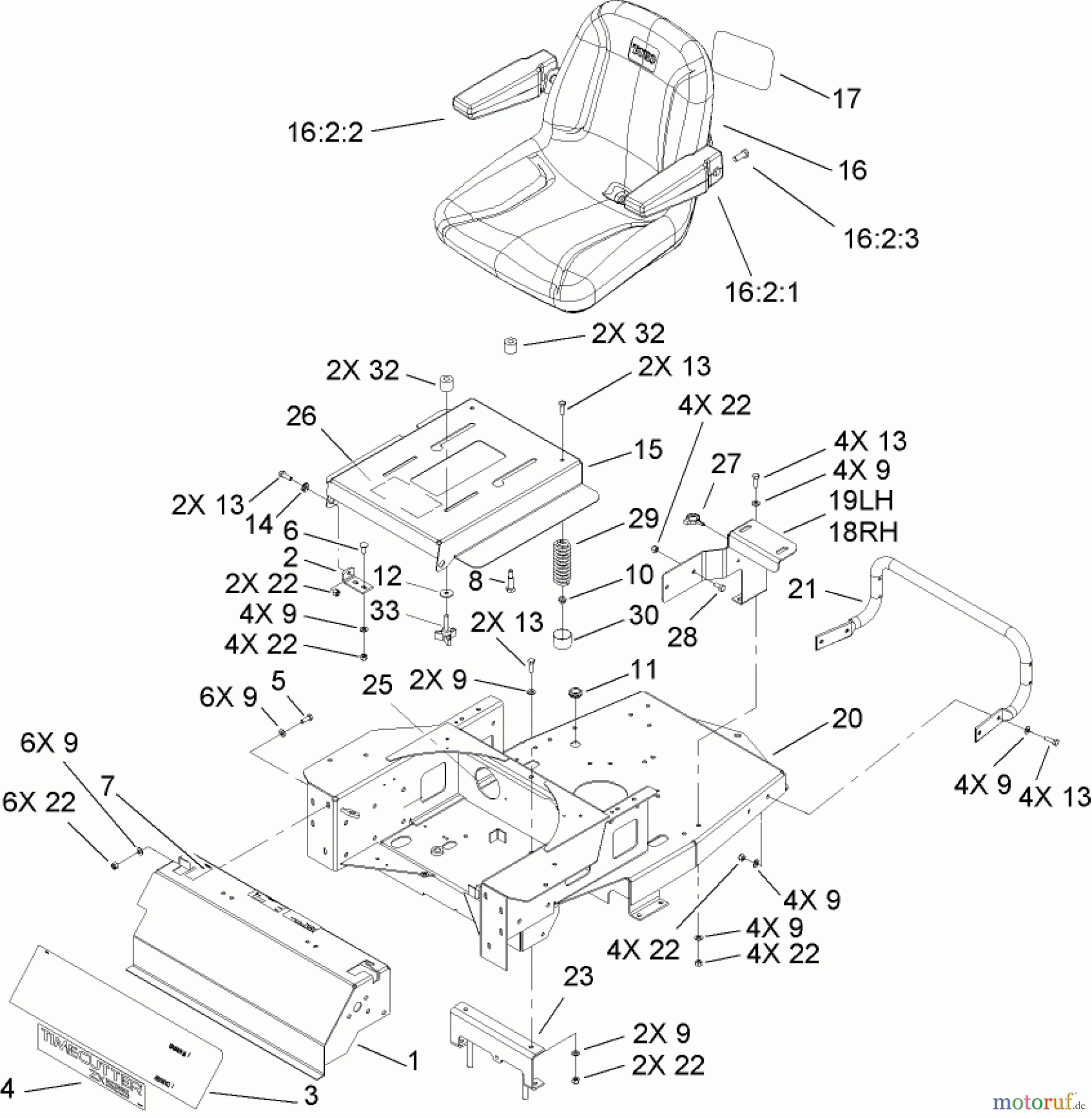  Toro Neu Mowers, Zero-Turn 74806 (ZX525) - Toro TimeCutter ZX525 Riding Mower, 2005 (250000001-250999999) MAIN FRAME AND SEAT ASSEMBLY