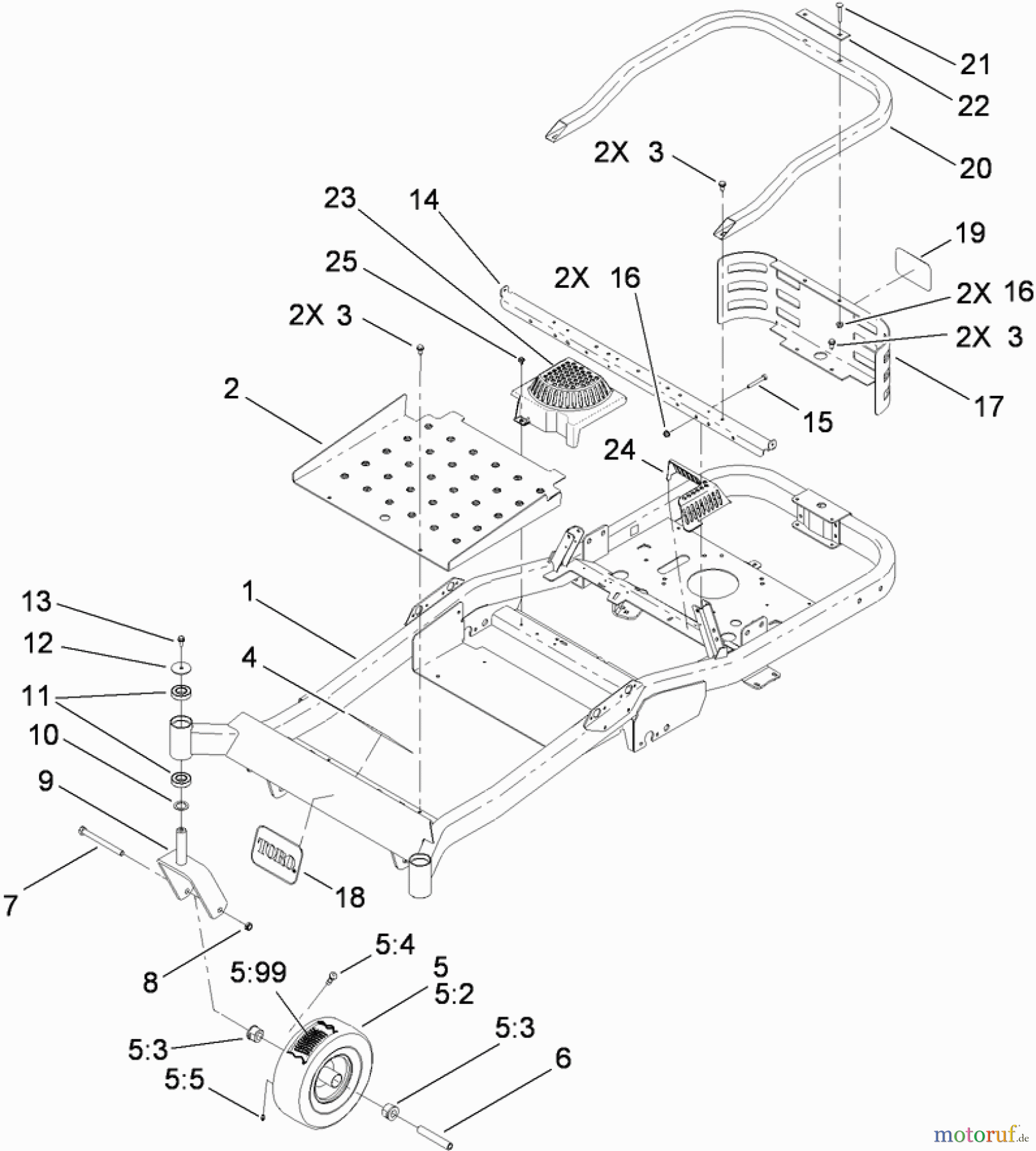  Toro Neu Mowers, Zero-Turn 74914 (ZX5400) - Toro TITAN ZX5400 Zero-Turn-Radius Riding Mower, 2009 (290000001-290999999) MAIN FRAME AND FRONT CASTER WHEEL ASSEMBLY