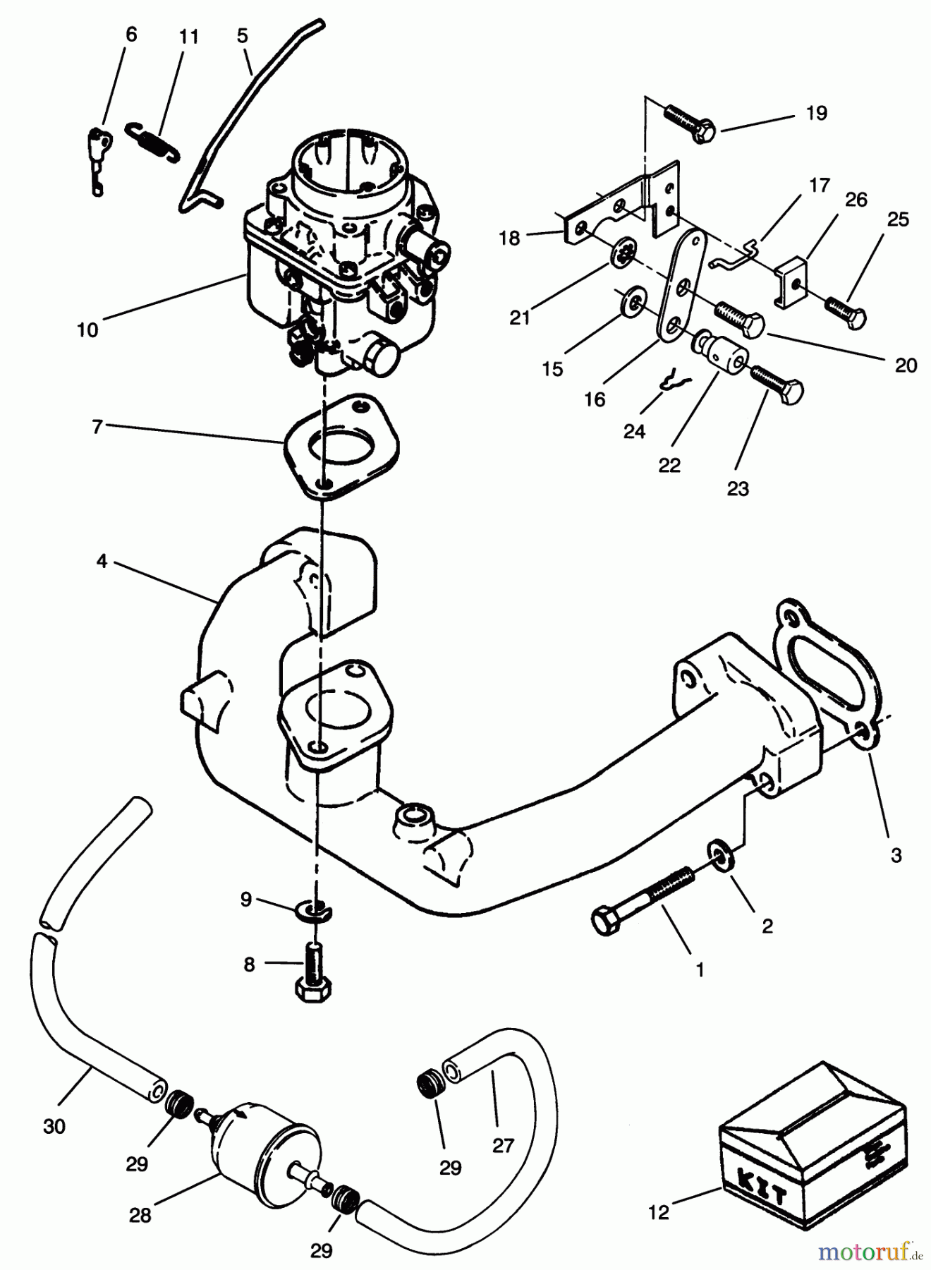  Toro Neu Mowers, Zero-Turn Y1-20OE03 (620-Z) - Toro 620-Z Tractor, 1992 (2000001-2999999) CARBURETOR & INTAKE MANIFOLD ASSEMBLY