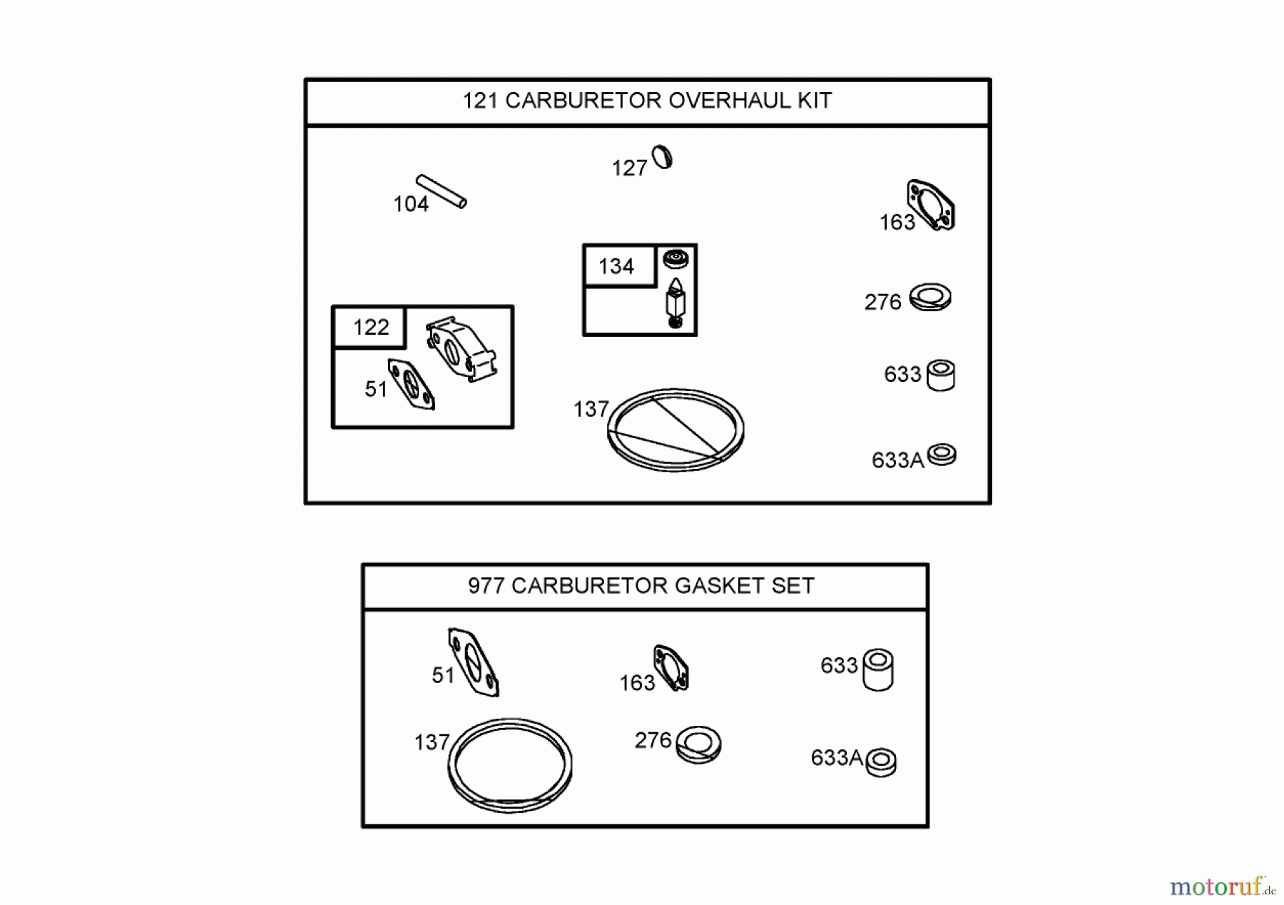  Toro Neu Blowers/Vacuums/Chippers/Shredders 62925 - Toro 206cc OHV Vacuum Blower, 2006 (260000001-260999999) 121 CABURETOR OVERHAUL KIT AND 977 CABURETOR GASKET SET ASSEMBLIES, BRIGGS AND STRATTON 126302-0245-E1